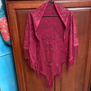 Elegant Burgundy Lace Shawl with Fringe